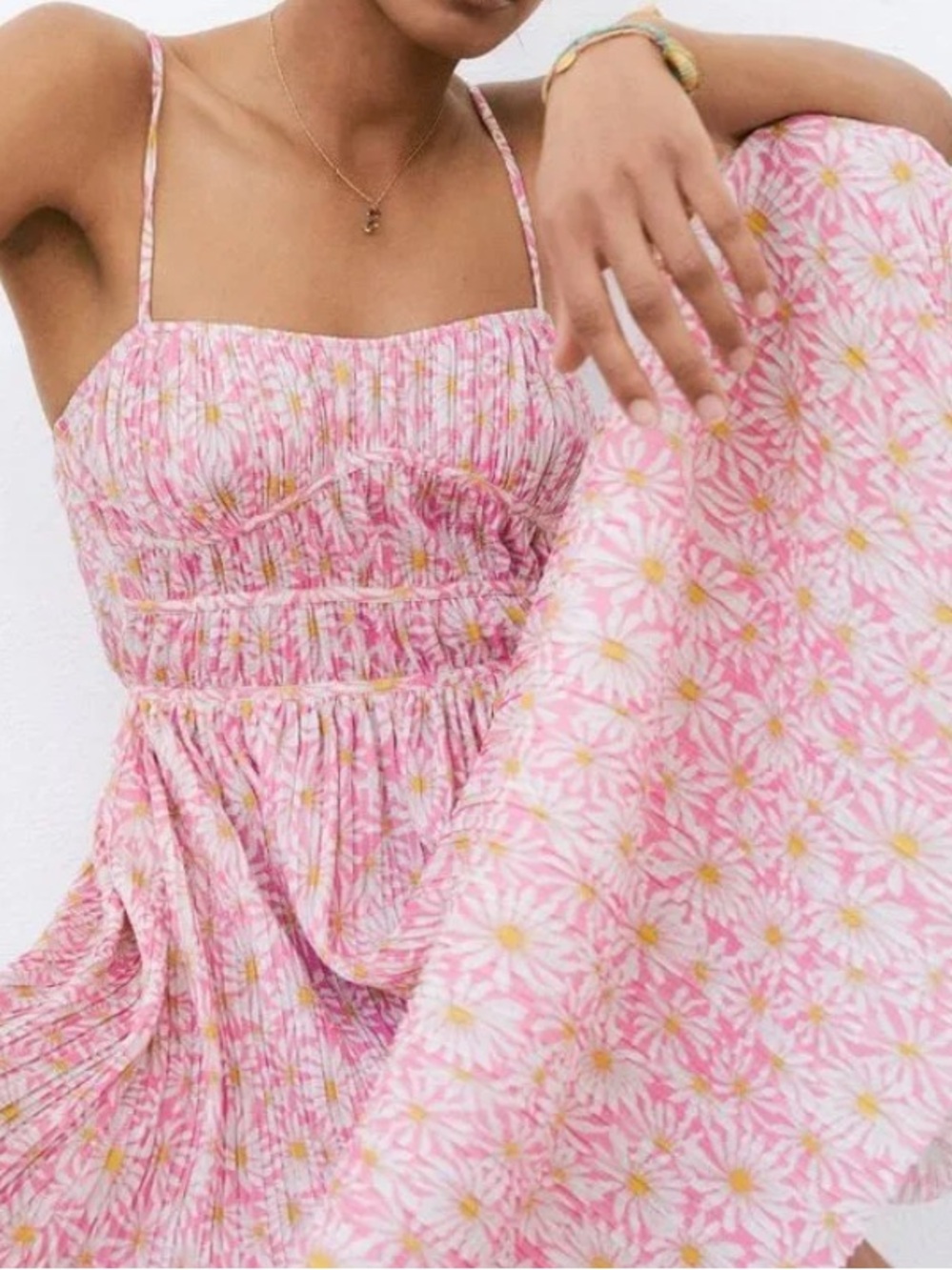 ZARA - Pleated Printed Dress, pink daisy sundress size M - Picture 2 of 16